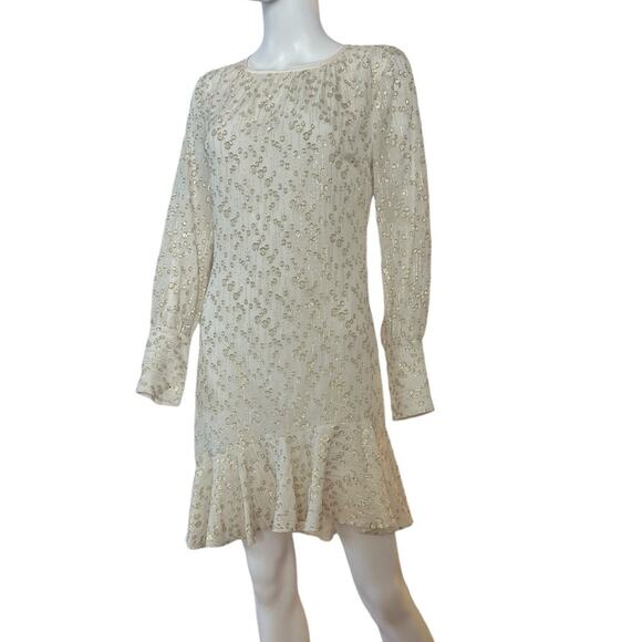 NWT Derek Lam 10 Crosby White & Gold Lurex Asymmetrical Ruffle Hem Dress US 2 - Picture 2 of 10